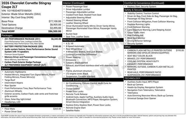2026 Chevrolet Corvette Stingray 2LT