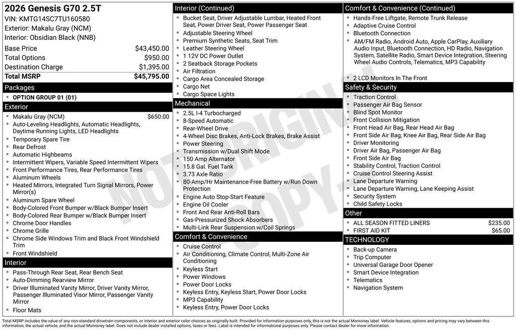 2026 Genesis G70 2.5T